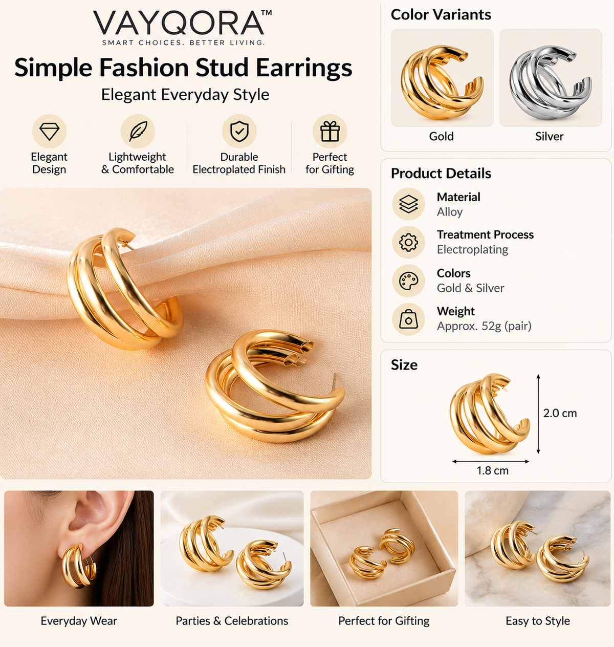 Vayqora™ Simple Fashion Stud Earrings – Elegant Everyday Style