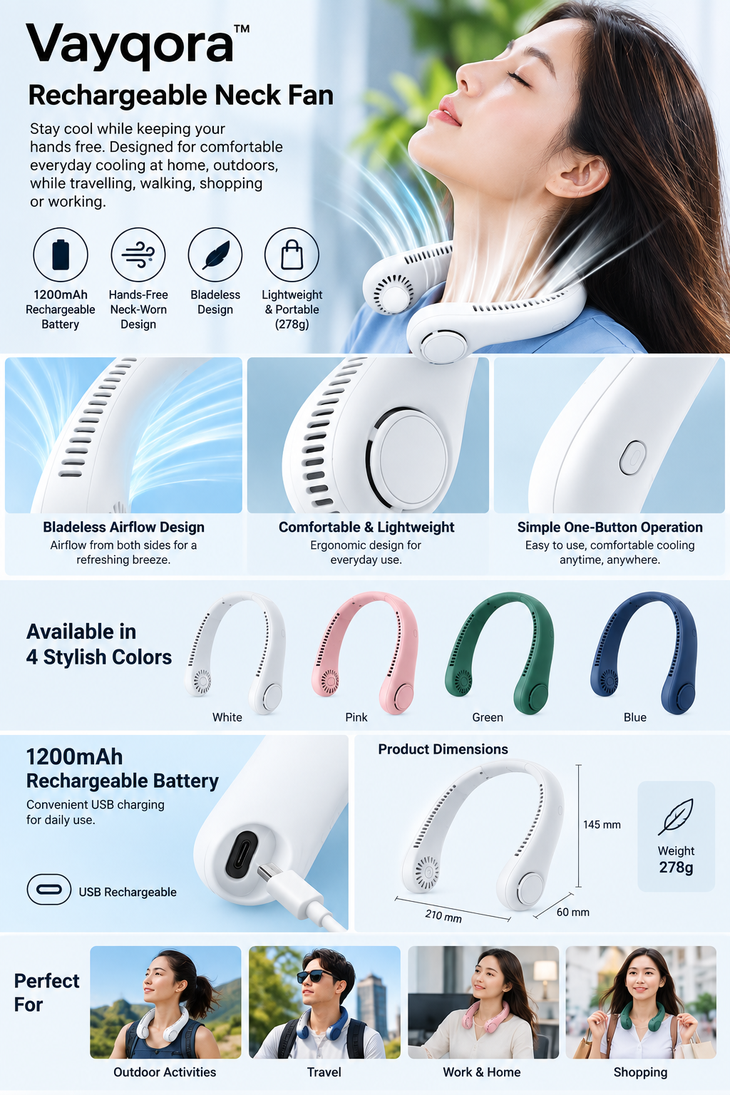 Vayqora™ Rechargeable 1200mAh Neck Fan – Hands-Free Portable Cooling